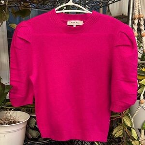 FRAME Fuschia Ruched-Sleeve Cashmere Crewneck Sweater